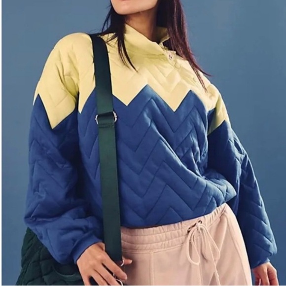 Free People Pullover NEW Zig Zag Dandelion Combo medium quilted toggle - Picture 1 of 9
